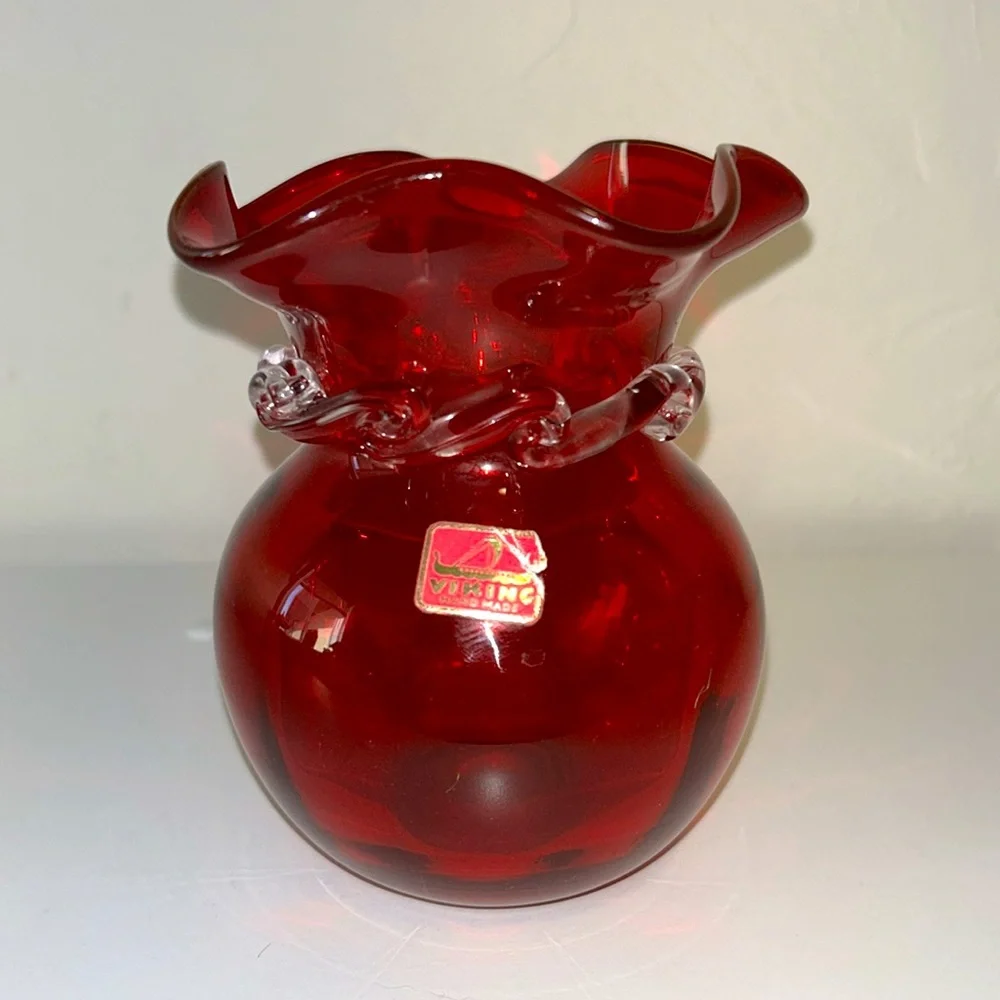 Viking Glass Ruby Red and Clear Ruffle Top Bud Glass Vase Marked
